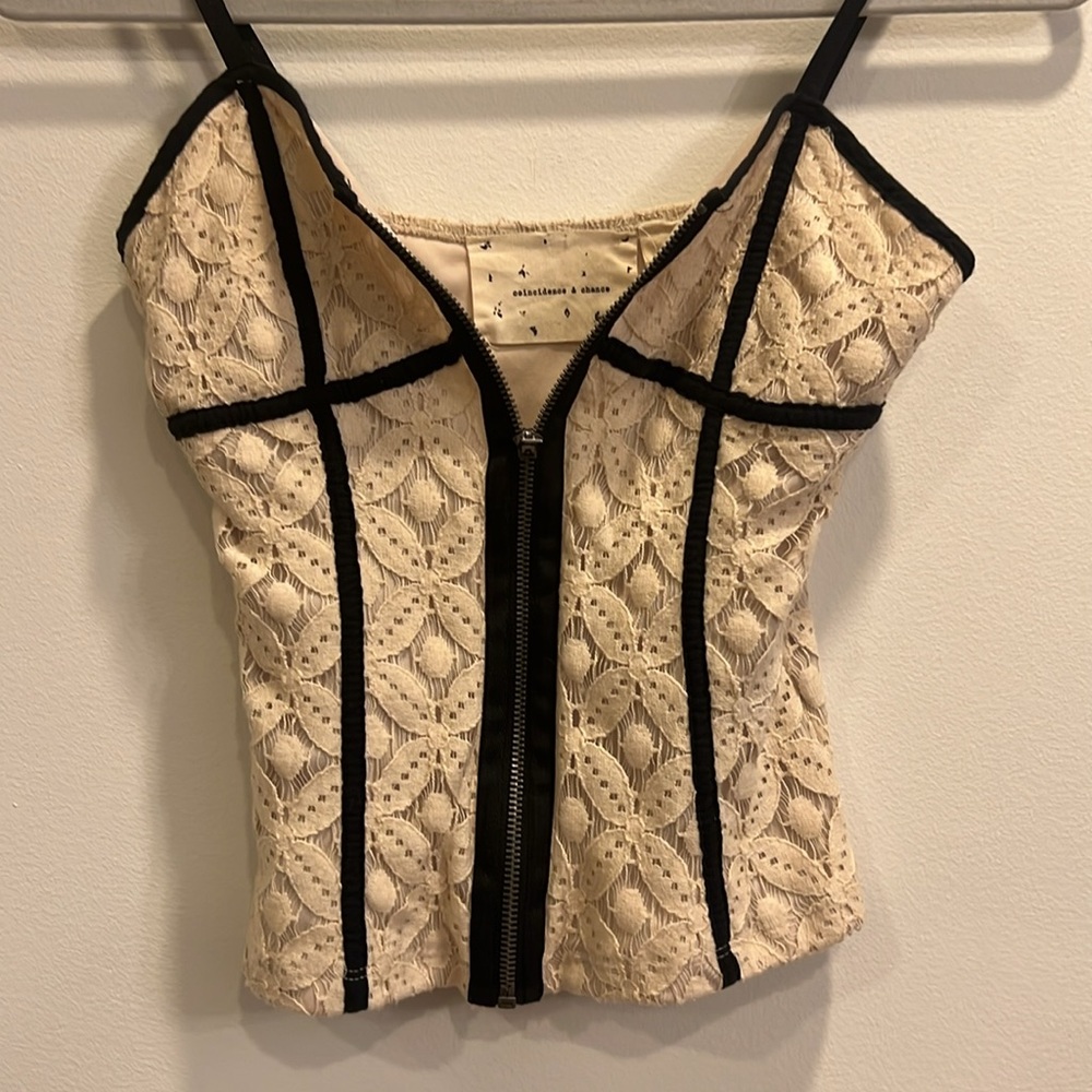 Beige and black zip up tank top